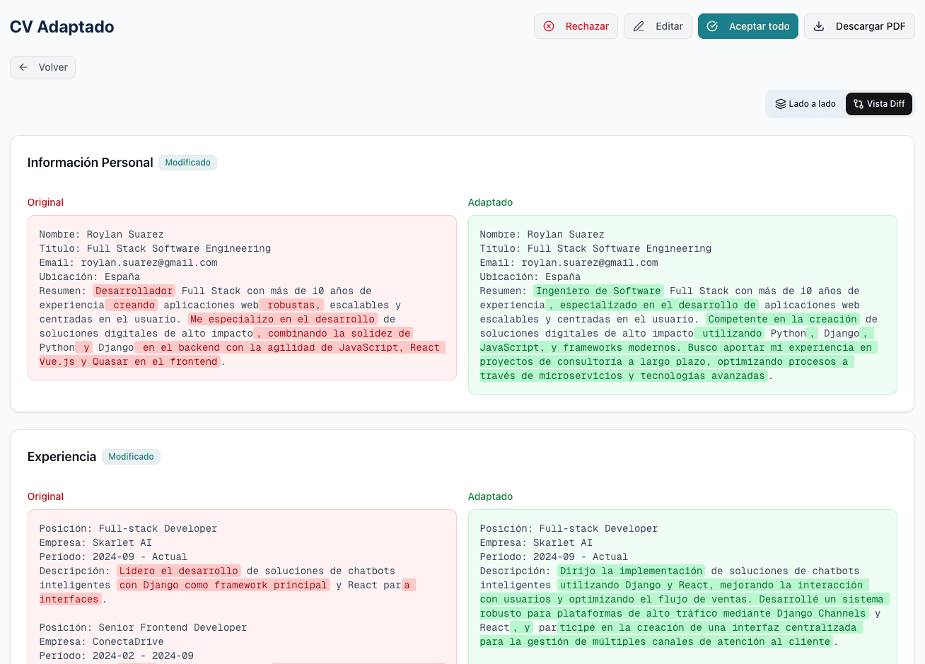 Diferencias en CV optimizado por IA